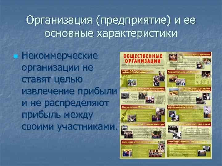   Организация (предприятие) и ее  основные характеристики n  Некоммерческие организации не