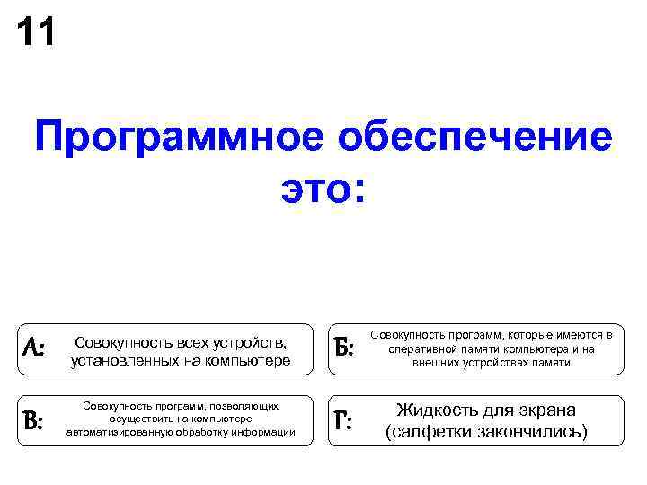 11 Программное обеспечение это: Совокупность программ, которые имеются 11 Программное обеспечение это: Совокупность программ, которые имеются