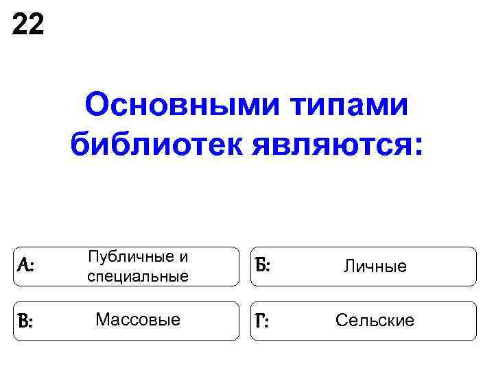 22 Основными типами библиотек являются: Публичные и А: специальные 22 Основными типами библиотек являются: Публичные и А: специальные