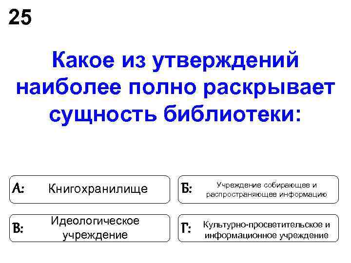 25 Какое из утверждений наиболее полно раскрывает сущность библиотеки: 25 Какое из утверждений наиболее полно раскрывает сущность библиотеки: