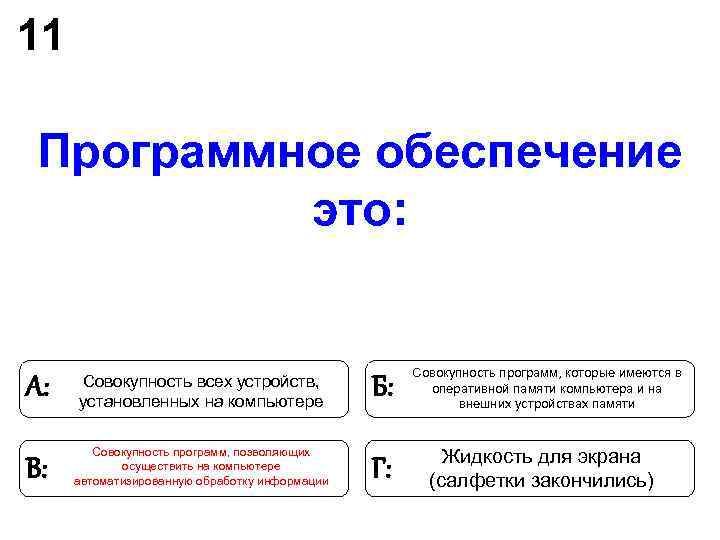 11 Программное обеспечение это: Совокупность программ, которые имеются 11 Программное обеспечение это: Совокупность программ, которые имеются