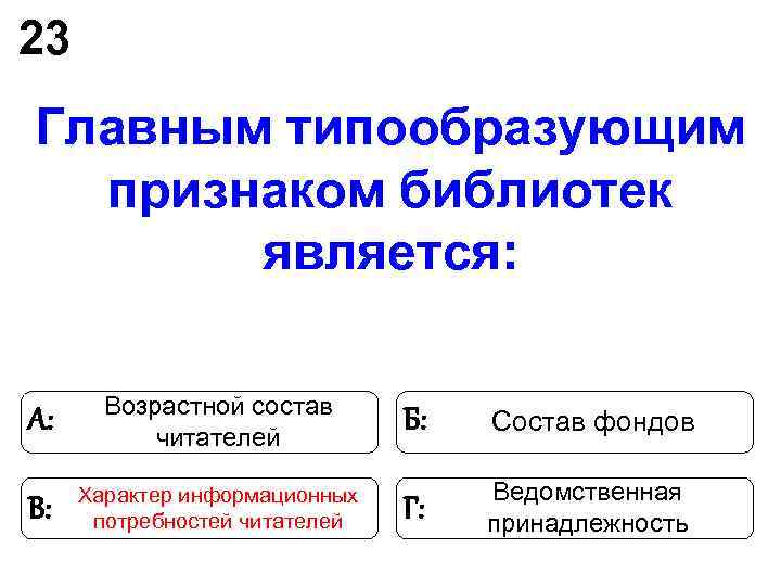 23 Главным типообразующим признаком библиотек является: Возрастной состав А: 23 Главным типообразующим признаком библиотек является: Возрастной состав А: