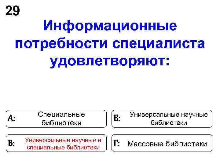 29 Информационные потребности специалиста удовлетворяют: Специальные 29 Информационные потребности специалиста удовлетворяют: Специальные