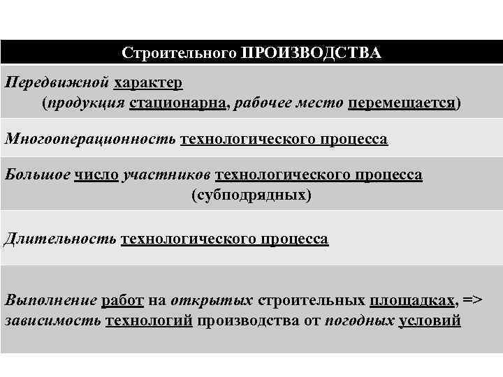    Строительного ПРОИЗВОДСТВА Передвижной характер (продукция стационарна, рабочее место перемещается) Многооперационность технологического