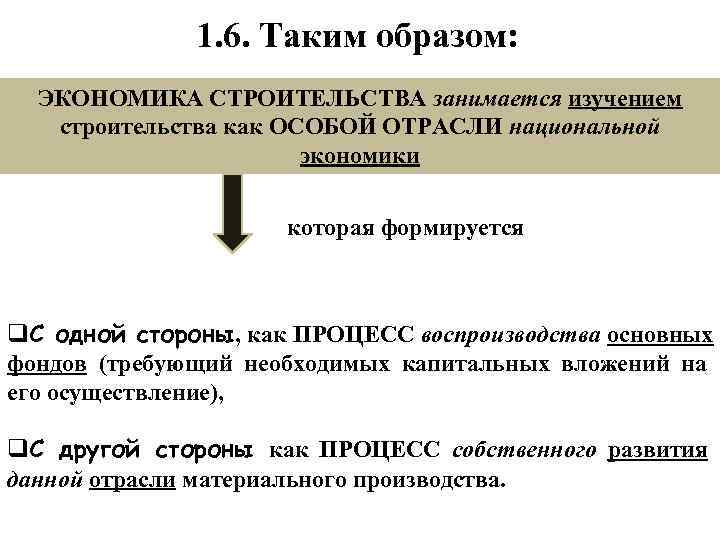    1. 6. Таким образом:  ЭКОНОМИКА СТРОИТЕЛЬСТВА занимается изучением  строительства