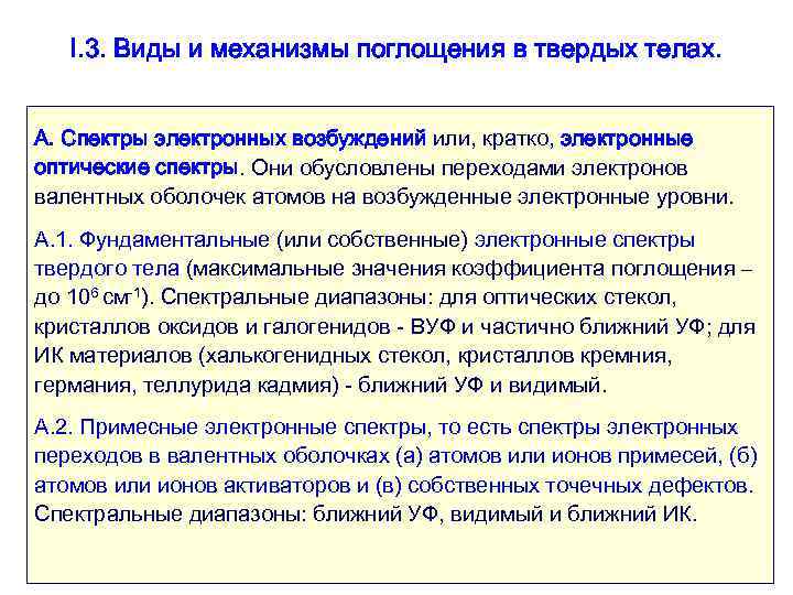   I. 3. Виды и механизмы поглощения в твердых телах.  А. Спектры