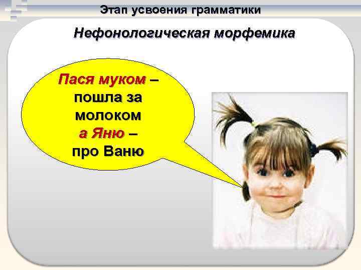   Этап усвоения грамматики  Нефонологическая морфемика  Пася муком –  пошла