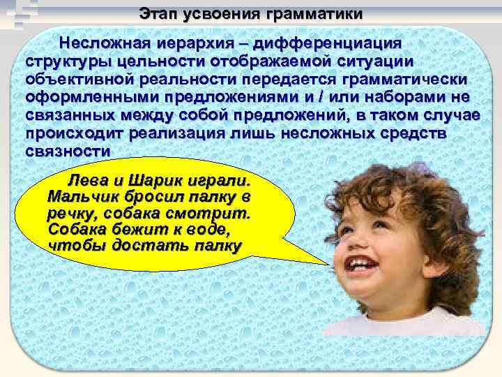   Этап усвоения грамматики Несложная иерархия – дифференциация структуры цельности отображаемой ситуации объективной