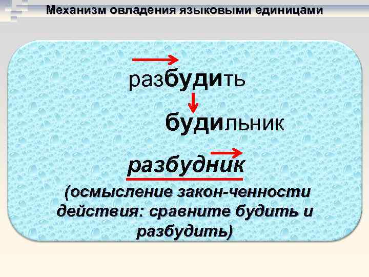Механизм овладения языковыми единицами    разбудить   будильник  разбудник 