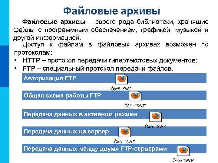    Файловые архивы – своего рода библиотеки, хранящие файлы с программным обеспечением,