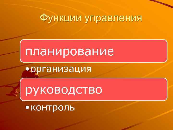  Функции управления  планирование • организация руководство • контроль 