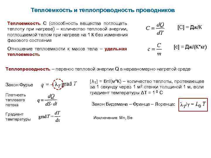   Теплоемкость и теплопроводность проводников Теплоемкость С (способность вещества поглощать теплоту при нагреве)