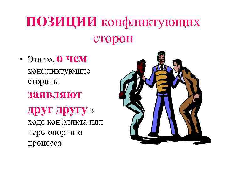  ПОЗИЦИИ конфликтующих   сторон • Это то, о чем  конфликтующие 