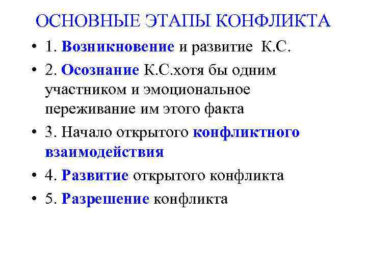 ОСНОВНЫЕ ЭТАПЫ КОНФЛИКТА • 1. Возникновение и развитие К. С.  • 2. Осознание