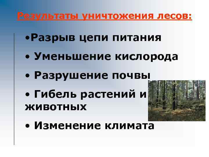 Результаты уничтожения лесов: • Разрыв цепи питания  • Уменьшение кислорода  • Разрушение
