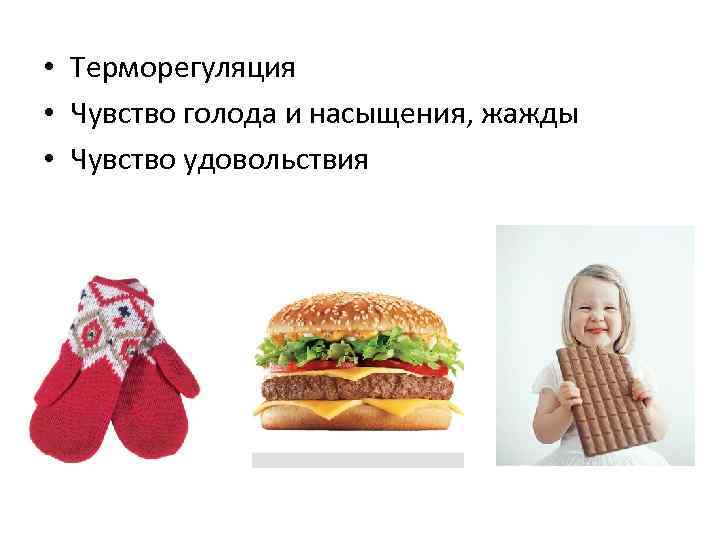  • Терморегуляция • Чувство голода и насыщения, жажды • Чувство удовольствия 