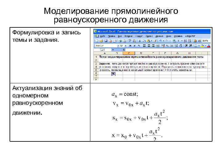   Моделирование прямолинейного    равноускоренного движения Формулировка и запись темы и