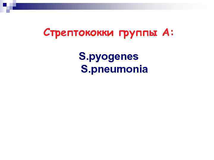 Стрептококки группы А:  S. pyogenes S. pneumonia 