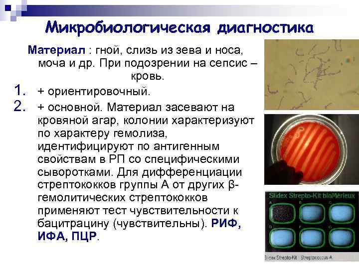  Микробиологическая диагностика  Материал : гной, слизь из зева и носа, моча и