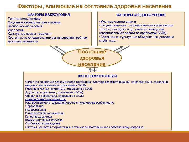  Факторы, влияющие на состояние здоровья населения   ФАКТОРЫ МАКРОУРОВНЯ   