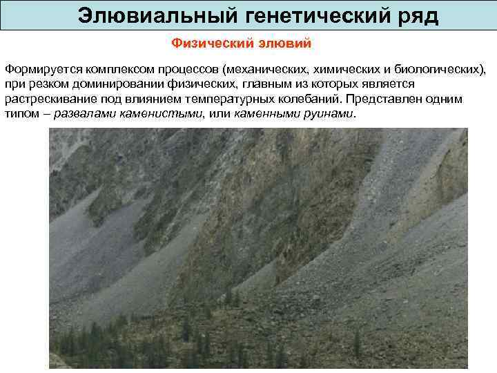   Элювиальный генетический ряд      Физический элювий Формируется комплексом