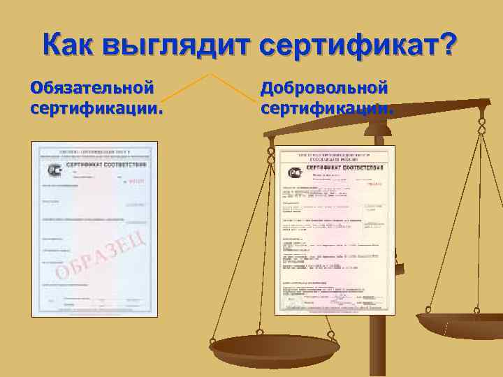  Как выглядит сертификат? Обязательной  Добровольной сертификации. 