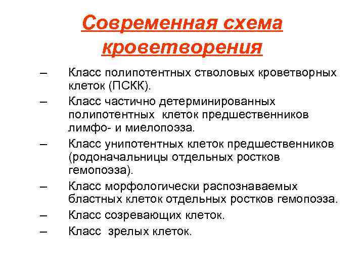 Современная схема кроветворения – Класс полипотентных стволовых кроветворных клеток (ПСКК). – Современная схема кроветворения – Класс полипотентных стволовых кроветворных клеток (ПСКК). –