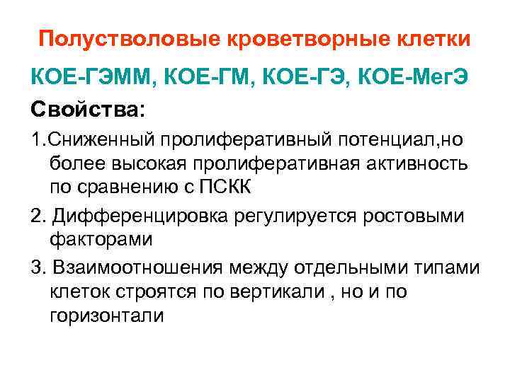 Полустволовые кроветворные клетки КОЕ-ГЭММ, КОЕ-ГЭ, КОЕ-Мег. Э Свойства: 1. Сниженный пролиферативный потенциал, но Полустволовые кроветворные клетки КОЕ-ГЭММ, КОЕ-ГЭ, КОЕ-Мег. Э Свойства: 1. Сниженный пролиферативный потенциал, но