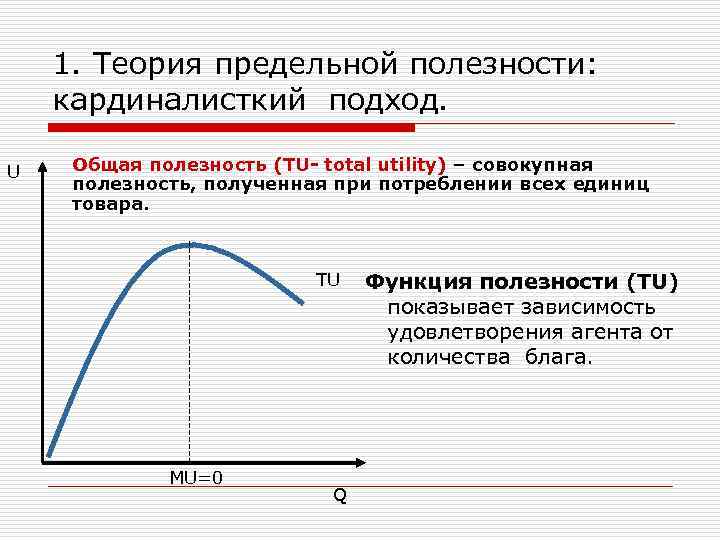   1. Теория предельной полезности: кардиналисткий подход.  U  Общая полезность (ТU-