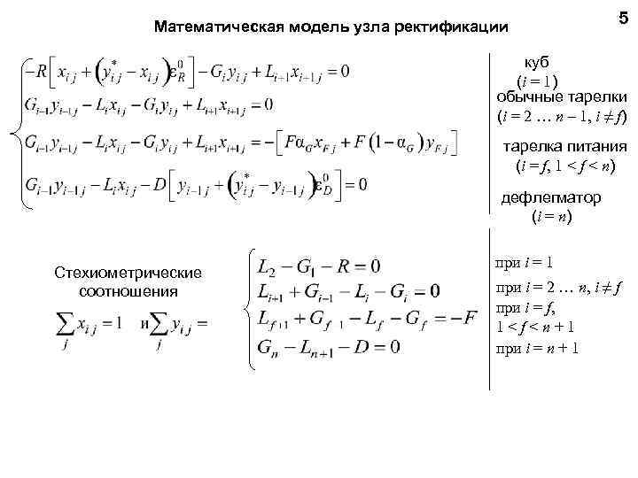 Математическая модель узла ректификации 5 куб (i = 1) обычные тарелки (i = 2