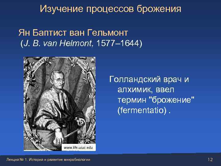    Изучение процессов брожения  Ян Баптист ван Гельмонт   (J.