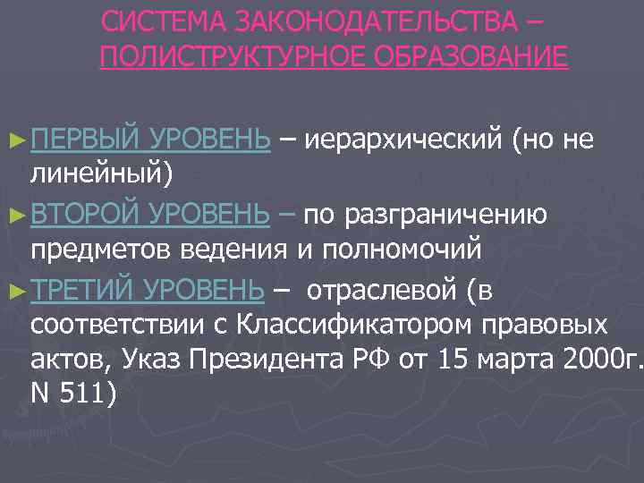 СИСТЕМА ЗАКОНОДАТЕЛЬСТВА – ПОЛИСТРУКТУРНОЕ ОБРАЗОВАНИЕ ► ПЕРВЫЙ УРОВЕНЬ – иерархический (но СИСТЕМА ЗАКОНОДАТЕЛЬСТВА – ПОЛИСТРУКТУРНОЕ ОБРАЗОВАНИЕ ► ПЕРВЫЙ УРОВЕНЬ – иерархический (но