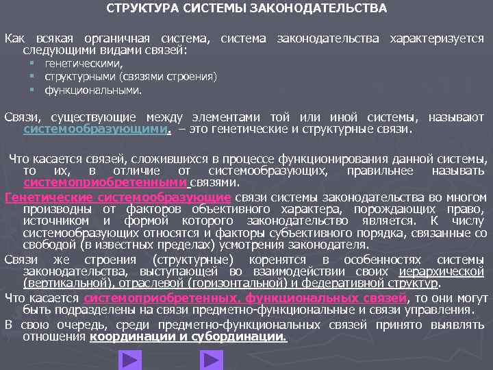 СТРУКТУРА СИСТЕМЫ ЗАКОНОДАТЕЛЬСТВА Как всякая органичная система, система законодательства характеризуется СТРУКТУРА СИСТЕМЫ ЗАКОНОДАТЕЛЬСТВА Как всякая органичная система, система законодательства характеризуется