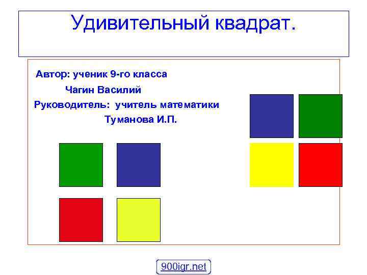 Удивительный квадрат. Автор: ученик 9 -го класса Чагин Василий Руководитель: учитель математики Удивительный квадрат. Автор: ученик 9 -го класса Чагин Василий Руководитель: учитель математики