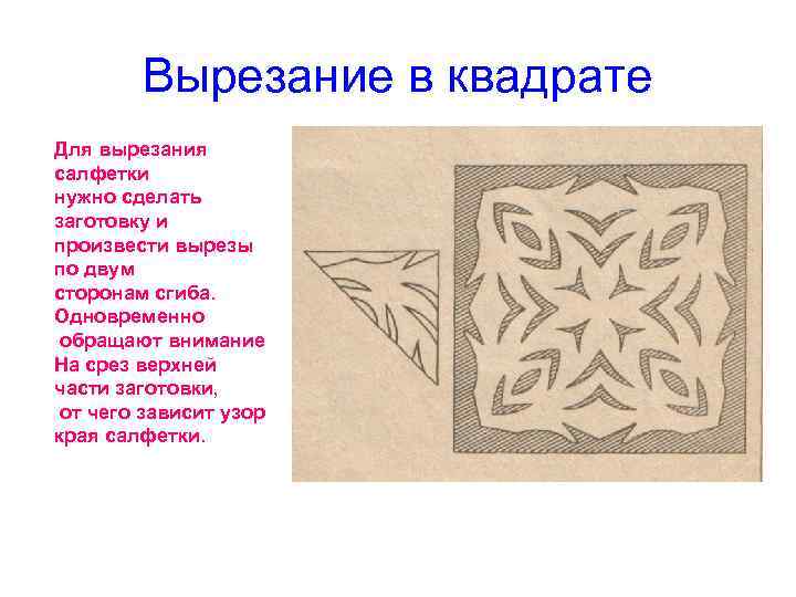 Вырезание в квадрате Для вырезания салфетки нужно сделать заготовку и произвести вырезы Вырезание в квадрате Для вырезания салфетки нужно сделать заготовку и произвести вырезы