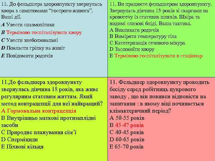 11. До фельдшера здоровпункту звернулась  11. Ви працюєте фельдшером здоровпункту. хвора з симптомами