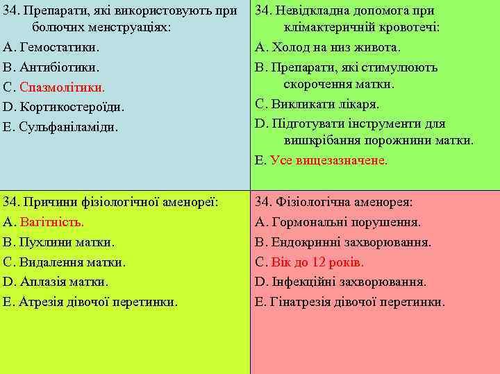 34. Препарати, які використовують при  34. Невідкладна допомога при болючих менструаціях:  