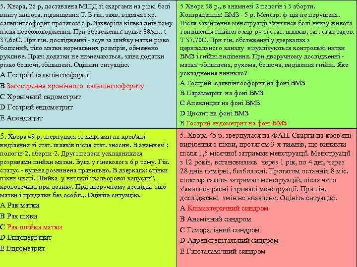 5. Хвора, 26 р, доставлена МШД зі скаргами на різкі болі 5 Хвора 38