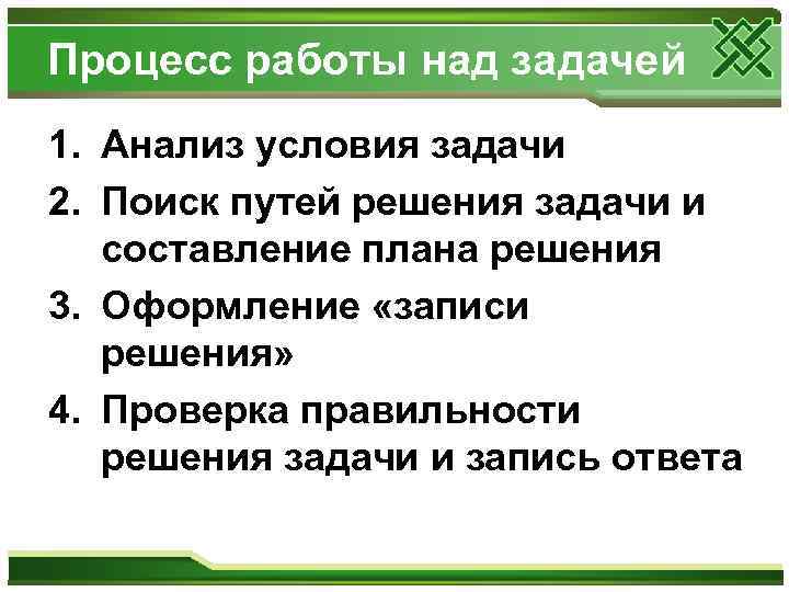 Процесс работы над задачей 1. Анализ условия задачи 2. Поиск путей решения задачи и