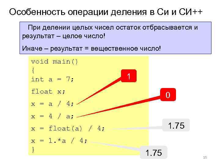 Особенность операции деления в Си и СИ++  При делении целых чисел остаток отбрасывается