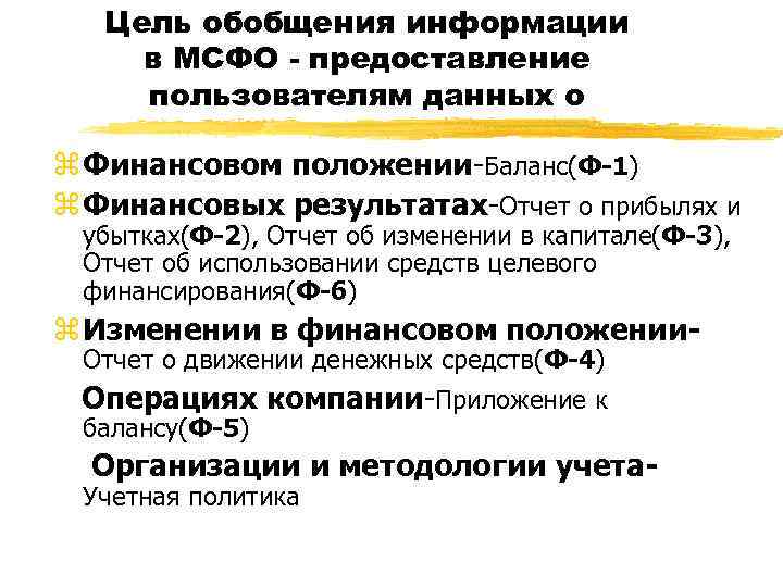   Цель обобщения информации в МСФО - предоставление пользователям данных о z Финансовом