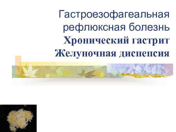 Гастроезофагеальная рефлюксная болезнь Хронический гастрит Желуночная диспепсия     