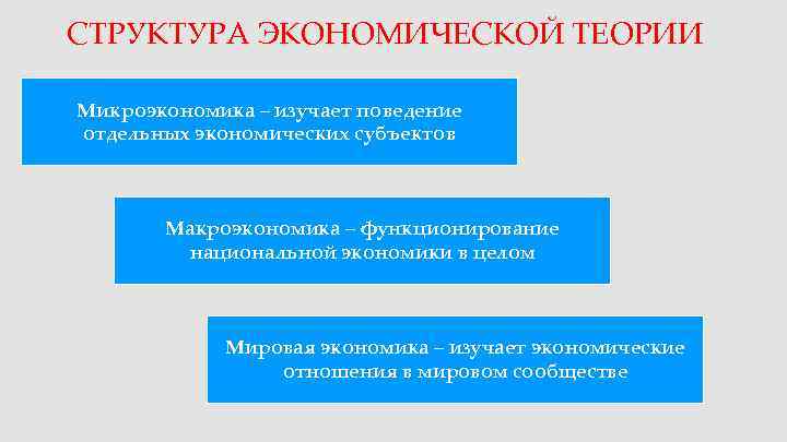 СТРУКТУРА ЭКОНОМИЧЕСКОЙ ТЕОРИИ Микроэкономика – изучает поведение отдельных экономических субъектов  Макроэкономика – функционирование