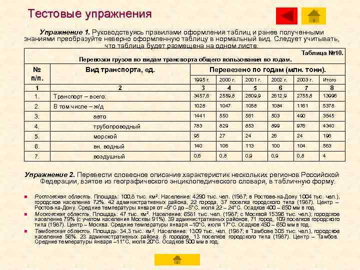   Тестовые упражнения Упражнение 1. Руководствуясь правилами оформления таблиц и ранее полученными знаниями