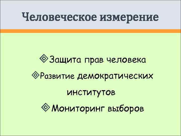 Человеческое измерение Защита прав человека  Развитие демократических   институтов  Мониторинг выборов