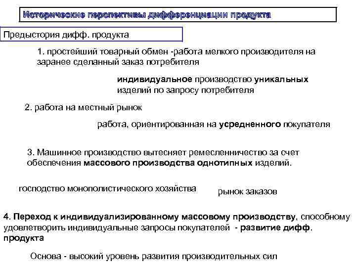 Исторические перспективы дифференциации продукта Предыстория дифф. продукта 1. простейший товарный обмен Исторические перспективы дифференциации продукта Предыстория дифф. продукта 1. простейший товарный обмен