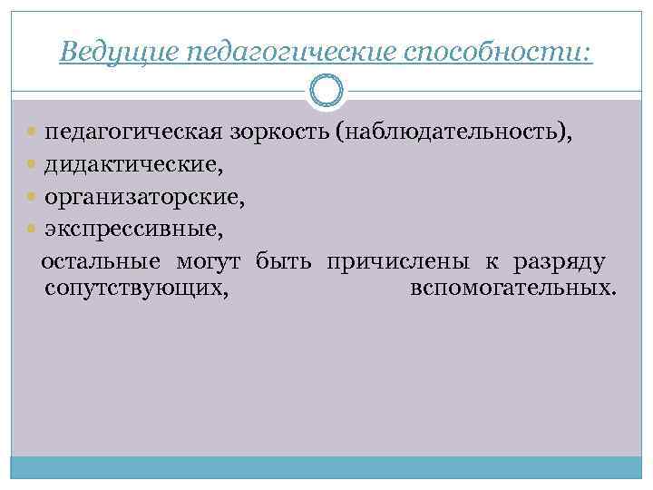  Ведущие педагогические способности: педагогическая зоркость (наблюдательность),  дидактические,  организаторские,  экспрессивные, 