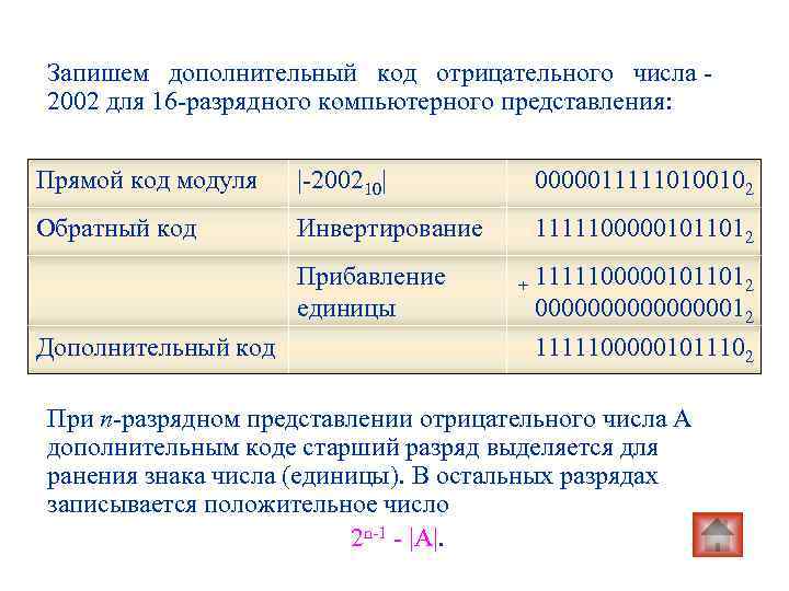 Запишем дополнительный код отрицательного числа - 2002 для 16 -разрядного компьютерного представления:  Прямой