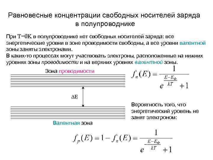 Равновесные концентрации свободных носителей заряда    в полупроводнике При T=0 K в