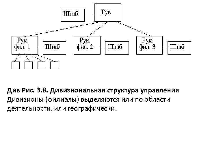 Див Рис. 3. 8. Дивизиональная структура управления Дивизионы (филиалы) выделяются или по области деятельности,